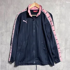 希少 プーマ トラックジャケット ジャージ S〜M ネイビー ピンク 背面ビッグロゴ 日本製 90s y2k ヒットユニオン ドローコード ヴィンテージ 古着 あいみょん 在原みゆ紀 ゆるだぼ スポーツミックス PUMA PUMAロゴ サイドライン ストリート