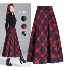 新品 フレアスカート ウール混紡スカート 秋冬 レディース ボトムス Aライン フレア レディース ロングスカート ロング マキシ 膝下 ひざ下 大きいサイズ ゆったり マキシスカート ハイウエストスカート チェック柄 春 秋 mluzd