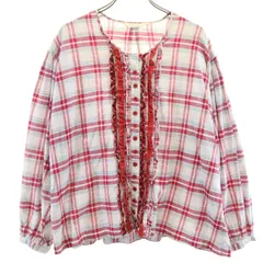 PINK HOUSE ピンクハウス チェック柄 長袖 ノーカラー フリル ブラウス レッド シャツ レディース 古着