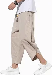 新品 メンズ サルエルパンツズボン 夏用 ワイドパンツ ストライプ テーパードパンツ 7分丈 アラジンパンツ 大きいサイズ ずぼん 人気 ボトムス 綿麻 リネンパンツ 涼しい ぱんつ 春 mlson