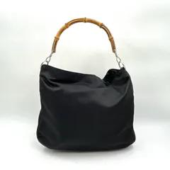 GUCCI バンブー ショルダーストラップ付属なし エナメルレザー×キャンバス ブラック ハンドバッグ シルバー