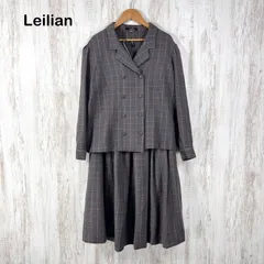 Leilian レリアン チェック 総柄 ウール100% ジャケット スカート セットアップ グレー レディース