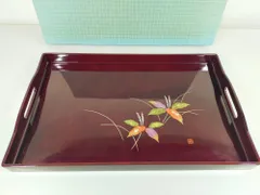 長手盆 二人静 尺六 48cm 盛絵/金蒔絵 草花図 溜塗/朱塗 木製 紀州漆器/山中漆器 【未使用保管品】  A1071B10