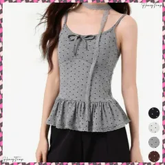 送料無料 ドット柄キャミソール レースタイ付き夏服 レディース カップ付き インナーキャミ 裾フリル フェミニンキャミトップス フロントリボン スリムフィットキャミ 韓国風 大人可愛いキャミ夏 美胸インナーキャミ レイヤード キャミ