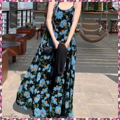 送料無料 花柄キャミワンピースAラインロングワンピ レディース 体型カバーサマーワンピース 大人可愛い 着映えワンピースノースリーブゆったり 軽やか フレアワンピース夏旅行 フラワー柄ワンピ海 韓国風ビーチワンピ リゾートワンピース