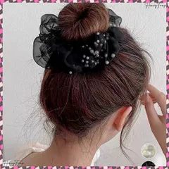 送料無料 チュールシュシュ パール付きヘアゴム 黒 レディース ヘアアクセサリー まとめ髪 ポニーテール オフィスカジュアル 韓国風 きれいめ お団子 ヘアグッズ 発表会 大人可愛いシュシュ 簡単おしゃれ髪飾り ハーフアップグッズ
