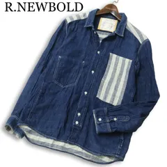 R.NEWBOLD ポールスミス 通年★ 長袖 ストライプ パッチワーク インディゴ ダブルガーゼ シャツ Sz.L メンズのサムネイル