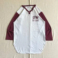 極希少　80s　vintage　champion　チャンピオン　USA製　トリコタグ　七分丈　配色切り替えTシャツ　ヘンリーネック　ベースボールT　UW-Eau Claire　胸元カレッジロゴプリント　ホワイト×ワインレッド　L　一点物　アメカジ　グランジ