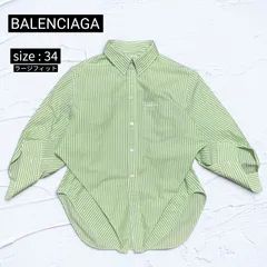 【極美品】バレンシアガ WARDROBE ストライプシャツ 34 ラージフィット グリーン ロゴ刺繍のサムネイル