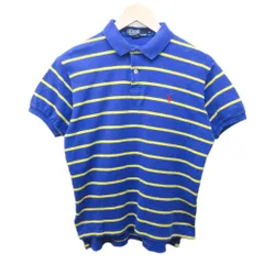 ポロ バイ ラルフローレン Polo by Ralph Lauren 90s ヴィンテージ ポロシャツ カットソー ボーダー ロゴ 刺繡 USA製 半袖 M 青紫 黄色 イエロー 系 IBO85 ☆AA★ 0321