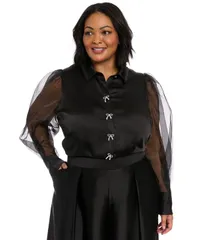 ミューズ レディース トップス シャツ プラスサイズ ブラウス Muse Plusize BowTrim BishopSleeve Blouse Black ブラックのサムネイル