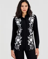 アンクライン レディース トップス シャツ フラワー柄 ダウン 長袖 フラワー Anne Klein Womens FloralongSleeve ButtonDown Shirt Anne Black White Dove ホワイト