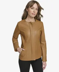 コールハーン レディース アウター ジャケット・ブルゾン レザー ジャケット Cole Haan Womens Collarless Leather Jacket Hazelnutのサムネイル