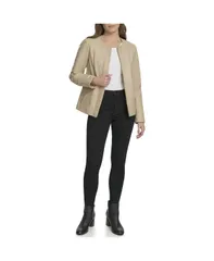 コールハーン レディース アウター ジャケット・ブルゾン レザー ジャケット Cole Haan Womens Collarless Leather Jacket Cream クリームのサムネイル