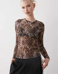 モンキ レディース トップス Tシャツ プリント リブ シアー Monki long sleeve sheer ribbed top leopard print Brown leopard ブラウンのサムネイル
