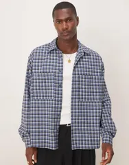 エイソス メンズ アウター ニット・セーター シャツ ASOS DESIGN oversized boxy flannel shirt check BLUE ブルーのサムネイル