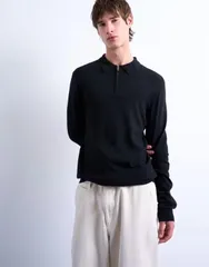 トップマン メンズ トップス ポロシャツ ウール Topman essential zip polo with wool Black ブラックのサムネイル