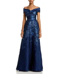 テリジョンバイリッキーフリーマン レディース トップス ワンピース トール Teri Jon by Rickie Freeman OfftheShoulder Metallic Jacquard Gownavy ネイビー
