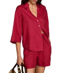 【送料無料】 ミルトンベルベット レディース シャツ トップス Womens Linen Short Sleeve Resort Shirt Red