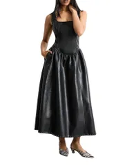 ウエアハウス レディース トップス ワンピース ミディ レザー フェイクレザー Warehouse Faux Leather Whipstitch Trimidi Dress Black ブラックのサムネイル