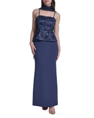 【送料無料】 エリザジェイ レディース ワンピース トップス Overlay Embroidered Gown Navy