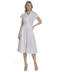【送料無料】 カルバンクライン レディース シャツ トップス Womens Belted CapSleeve Collared Midi Shirtdress WHITE