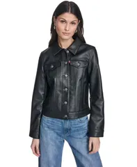 リーバイス レディース アウター ジャケット・ブルゾン レザー フェイクレザー Levis Womens Classic Faux Leather Trucker Jacket Black ブラックのサムネイル