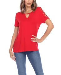 【送料無料】 ホワイトマーク レディース シャツ トップス Womens Keyhole Neck Cutout Short Sleeve Top Red
