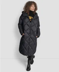 ダナ キャラン ニューヨーク レディース アウター コート キルティング DKNY Womens Diamond Quilted Hooded Puffer Coat Black ブラックのサムネイル