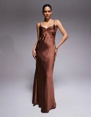 エイソス レディース トップス ワンピース シフォン マキシワンピース サテン マキシ ASOS DESIGN satin chiffon mix bust paneled maxi dress in chocolate Chocolate チョコレート