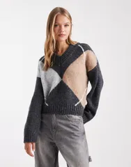 エイソス レディース アウター ニット・セーター Vネック セーター ASOS DESIGN argyle high Vneck sweater in mocha Mocha モカ