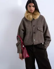 トップショップ レディース アウター ジャケット・ブルゾン ウール Topshop twill bomber with faux fur collar with wool brown ブラウン