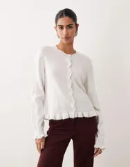 ジェイディーワイ レディース アウター カーディガン フリル ニット JDY ruffle detail knit cardigan WHITE ホワイト