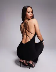 ファッションキラ レディース トップス ワンピース マキシワンピース マキシ Fashionkilla exclusive double sculpted slinky plunge exposed back bead detail maxi dress Bl