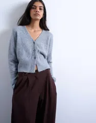 トップショップ レディース アウター カーディガン ニット Topshop knit cardigan with shoulder pads Gray グレーのサムネイル
