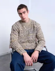 トップマン メンズ アウター ニット・セーター オーバーサイズフィット Topman oversized fit cable knit sweater in yellow twist Gray グレー
