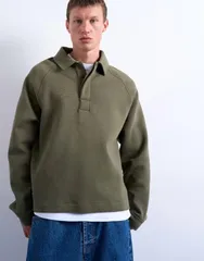 トップマン メンズ トップス ポロシャツ スウェット シャツ スキューバ Topman boxy fit polo sweatshirtgreen scubastyle fabric Khaki カーのサムネイル