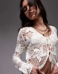 トップショップ レディース アウター カーディガン ニット Topshop knit crochet flower tie cardigan IVORY アイボリーのサムネイル