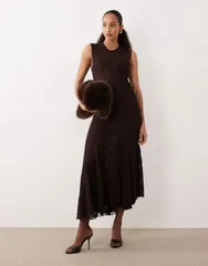 マンゴ レディース トップス ワンピース アシンメトリー ノースリーブ レース マキシ Mango lace sleeveless asymmetric hemaxi dress in chocolate チョコレート