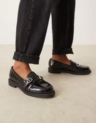 エイソス レディース シューズ スリッポン・ローファー ローファー ASOS DESIGN Molly double buckle loafers croc Black ブラックのサムネイル