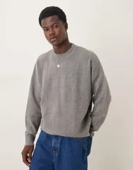 エイソス メンズ アウター ニット・セーター クルーネック セーター ニット ASOS DESIGN oversized brushed knit crew neck sweater Gray グレーのサムネイル
