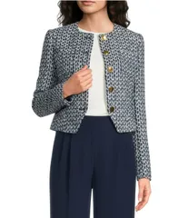 ダナキャラン レディース アウター コート ツイード クロップド ブレザー Donna Karan Tweed Round Neck Long Sleeve Button Front Croppedのサムネイル