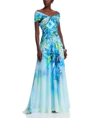 テリジョンバイリッキーフリーマン レディース トップス ワンピース シフォン プリント Teri Jon by Rickie Freeman Chiffon Criss Cross OfftheShoulder Leaf Print Gown Blue Mul