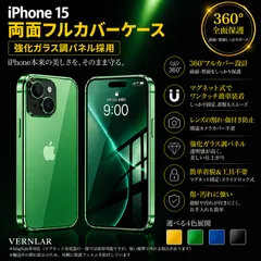 iPhone 15 ケース 両面フルカバー 強化ガラス調パネル マグネット式 360°全面保護 グリーン