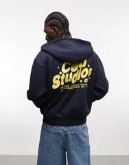 エイソス メンズ アウター パーカー・スウェット プリント ASOS DESIGN boxy zip up hoodie with print NAVY ネイビー