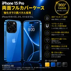 iPhone 15 Pro ケース 両面フルカバー 強化ガラス調パネル マグネット式 360°全面保護 ブルー