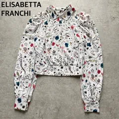 エリザベッタフランキ ELISABETTAFRANCHI イタリア製 ブラウス シャツ クロップド丈 ショート丈 長袖 パフスリーブ ロゴ 総柄 白 ホワイト マルチカラー 38サイズ エレガント パーティー デート リゾート 美品のサムネイル