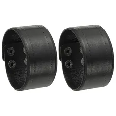 【新品】 [PATIKIL] 1.5インチ幅シンプルレザーリストバンド、2個セット ヴィンテージ調アジャスタブルカフブレスレット ワイドレザーアジャスタブルカフ 2列バックル リストバンド バングル、黒 0