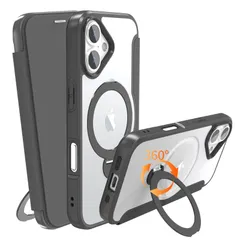 【数量限定】耐衝撃 薄型 360°回転スタンド軽い 全面保護 リング付き MagSafe対応 縦横両対応 背面クリア レザー素材 カード収納 手帳型 マグセーフ対応 ケース おしゃれ 用 17 黒 iPhone