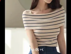 ボートネック ボーダー柄 ストライプ 半袖 ニット